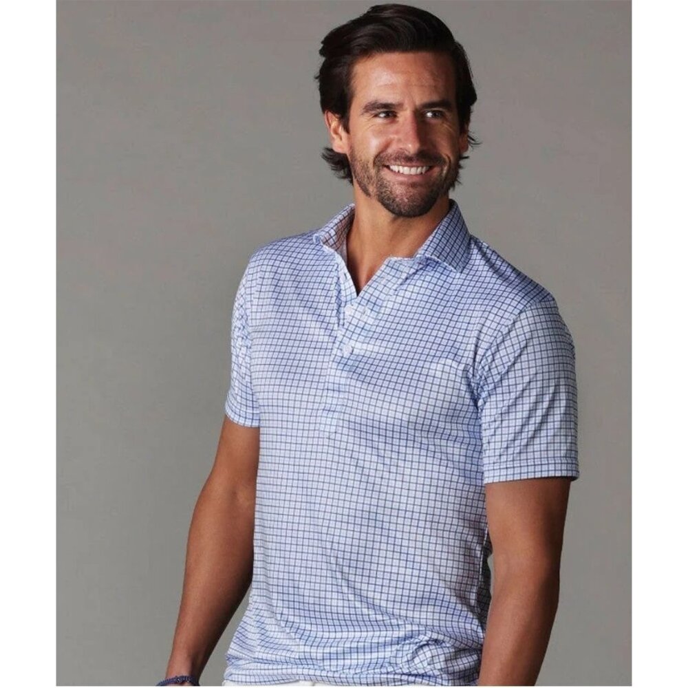 Collars and Co Medium NWT Semi-Spread Collar Polo Blue Tattersall Golf Business
